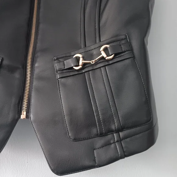 7 For All Mankind Faux Leather Moto Biker Houndstooth Zip Front Vest Black M - Picture 6 of 10